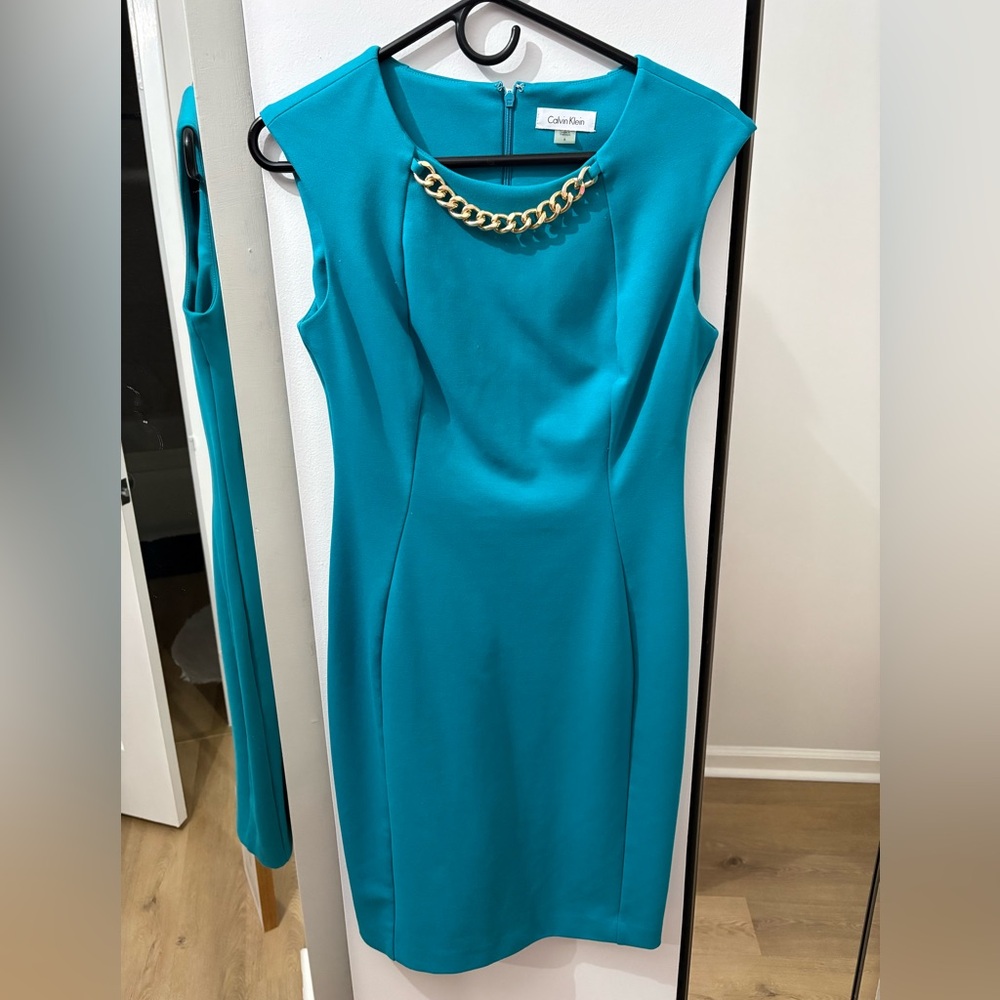 Calvin Klein Teal Sheath Dress with Gold Chain Accent